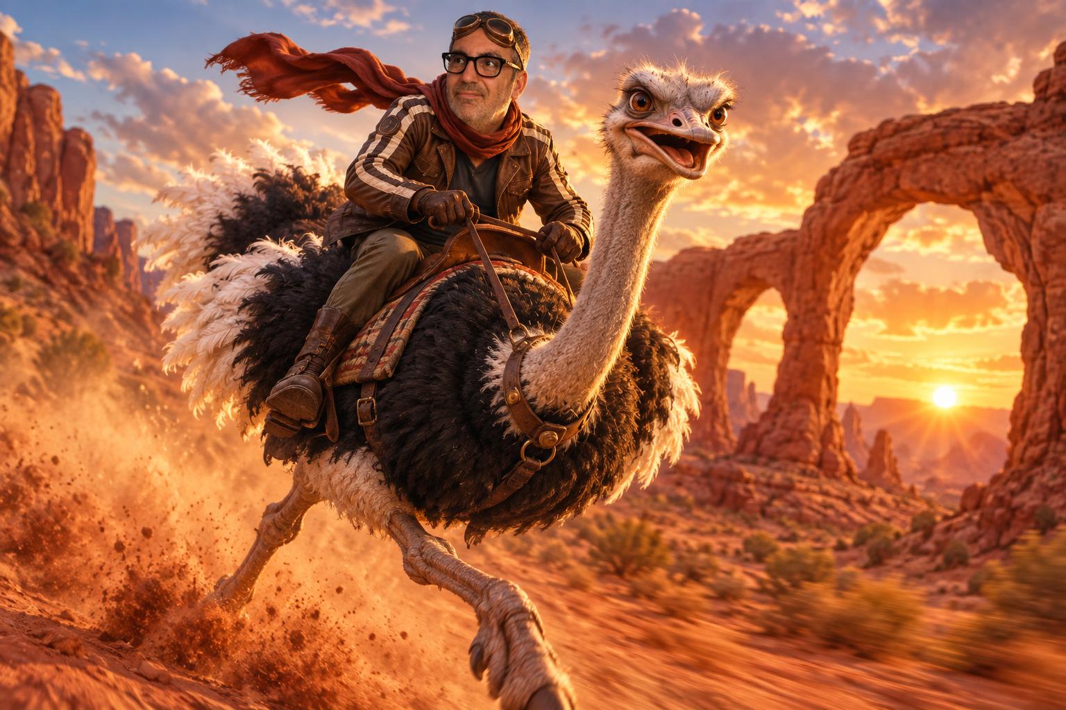 An AI adventure portrait of a man riding an ostrich through a desert at sunset