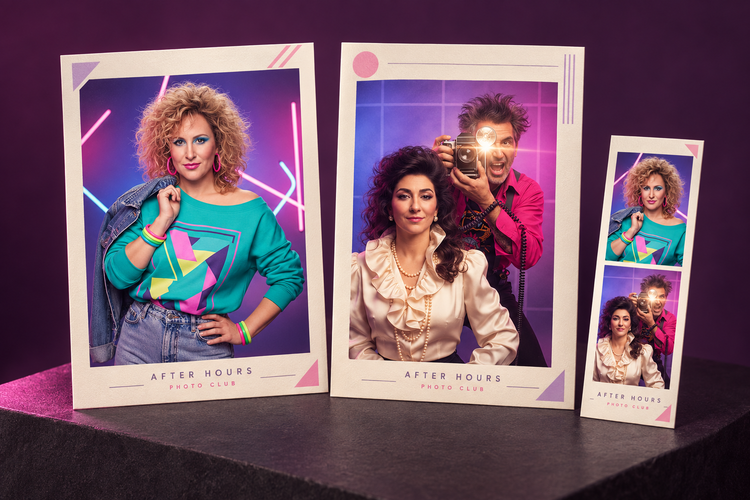 Retro event branding mockup with two portrait prints and a photo strip