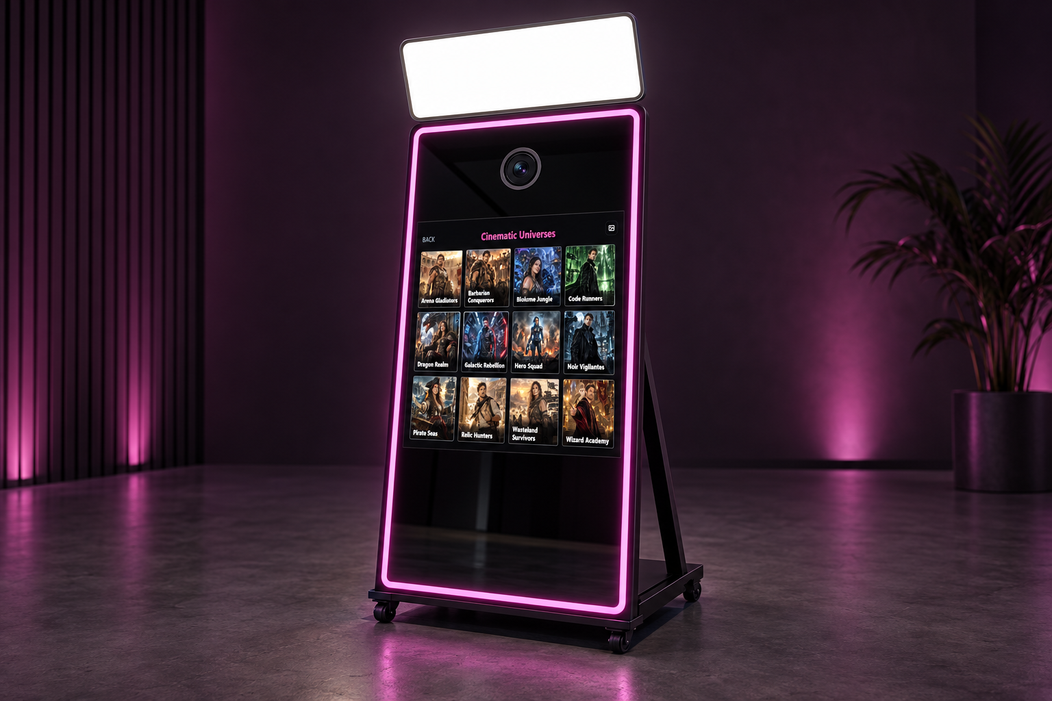Synapse Booth cinematic style selection on a full-height photo booth touchscreen