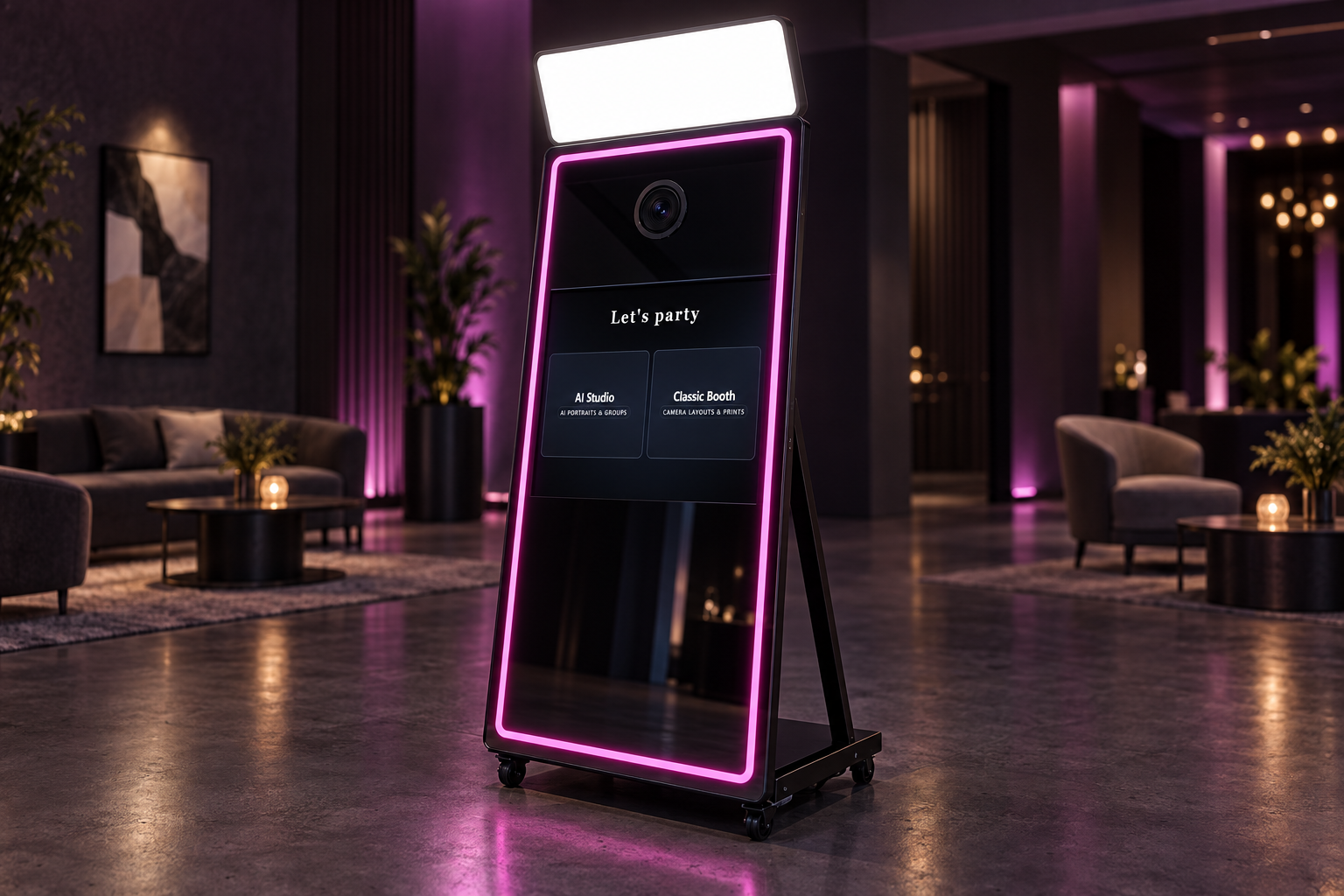 Synapse Booth welcome screen on a full-height photo booth with camera and top light
