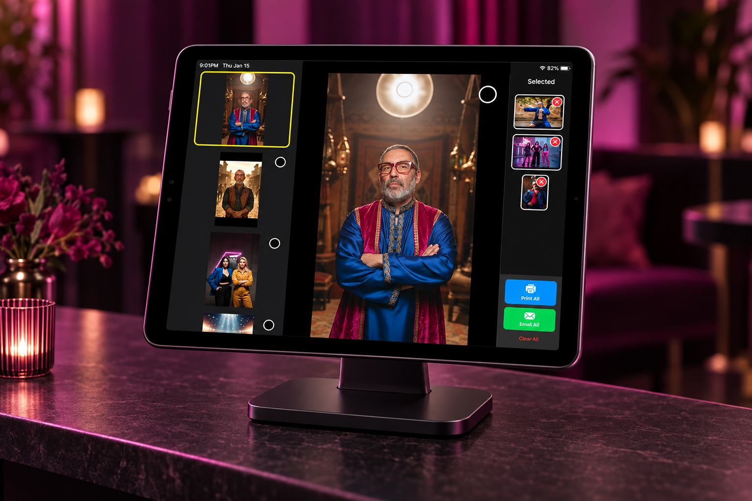 Synapse Kiosk gallery on an iPad sharing stand, with print and email options