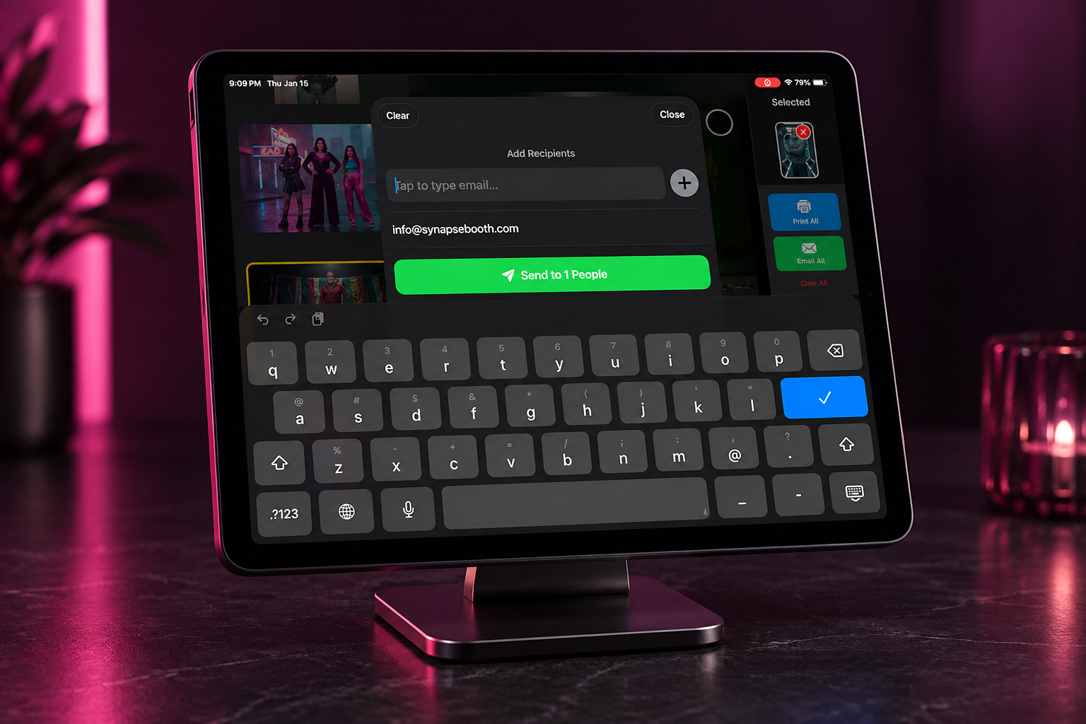 Email sharing dialog in Synapse Kiosk on an iPad stand