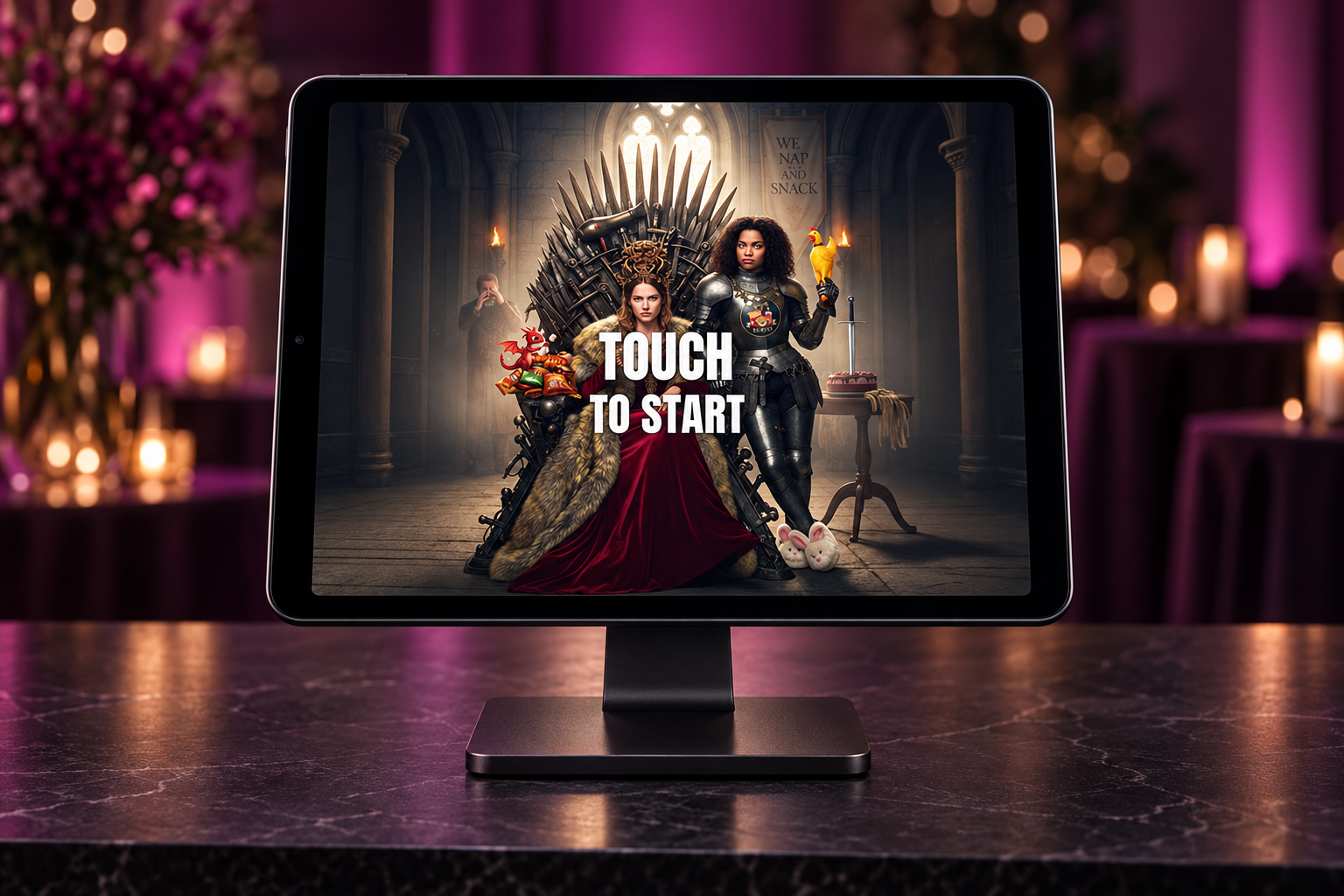 Touch to start welcome screen on an iPad sharing stand